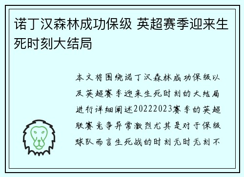诺丁汉森林成功保级 英超赛季迎来生死时刻大结局 诺丁汉森林成功保级 英超赛季迎来生死时刻大结局